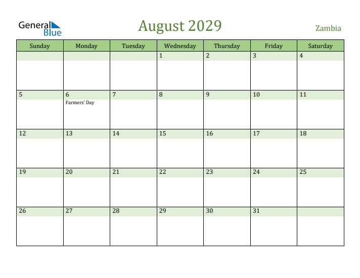 August 2029 Calendar with Zambia Holidays