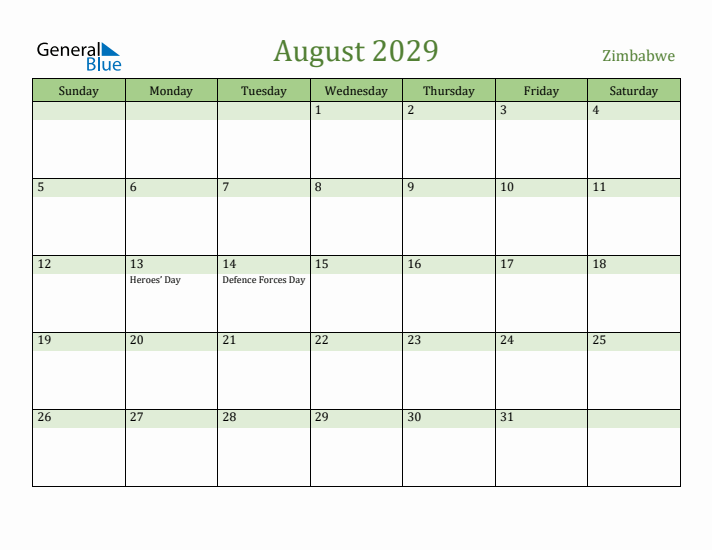 August 2029 Calendar with Zimbabwe Holidays