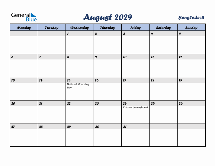 August 2029 Calendar with Holidays in Bangladesh