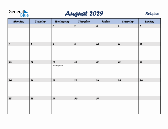 August 2029 Calendar with Holidays in Belgium