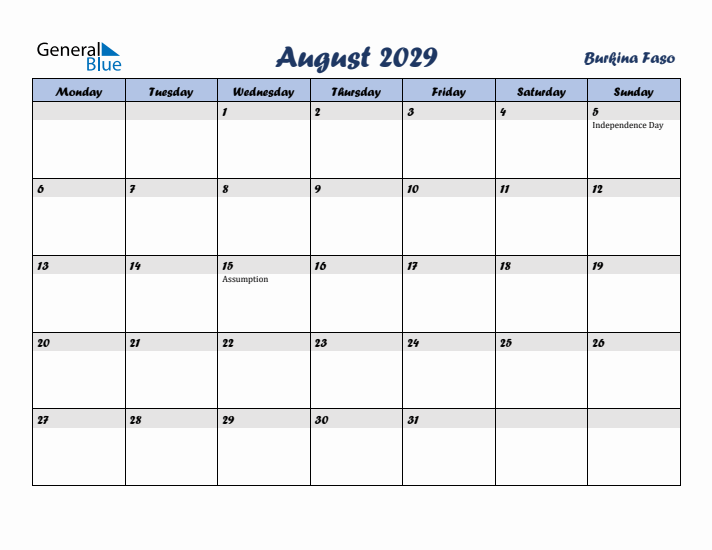 August 2029 Calendar with Holidays in Burkina Faso