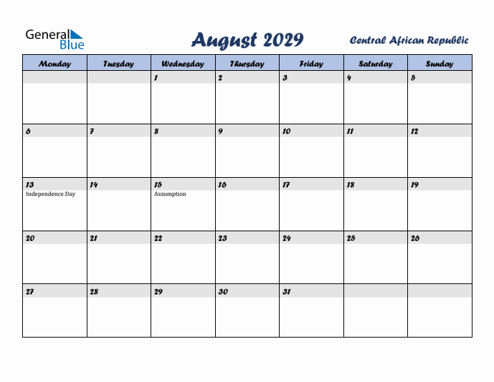 August 2029 Calendar with Holidays in Central African Republic