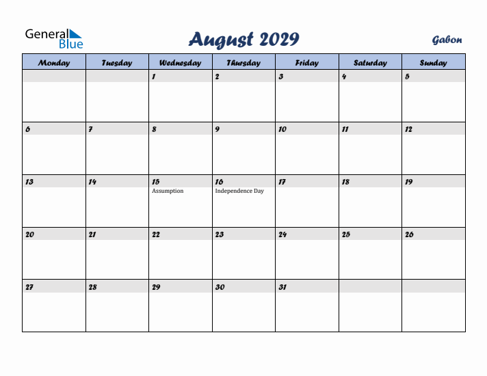 August 2029 Calendar with Holidays in Gabon