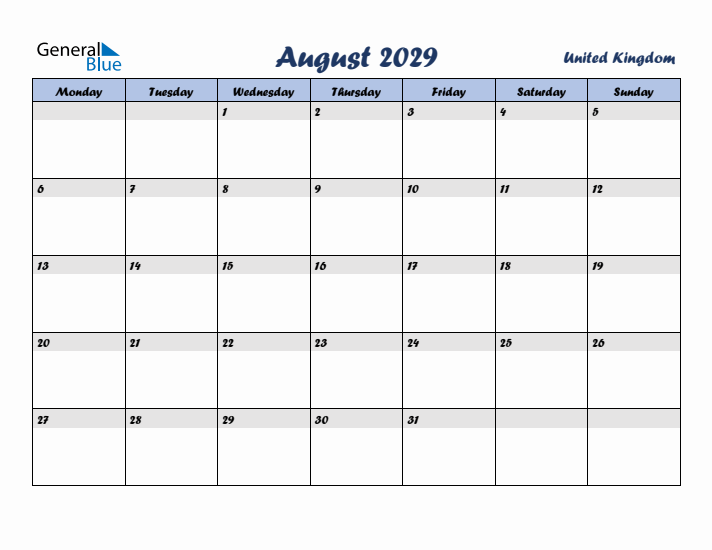 August 2029 Calendar with Holidays in United Kingdom