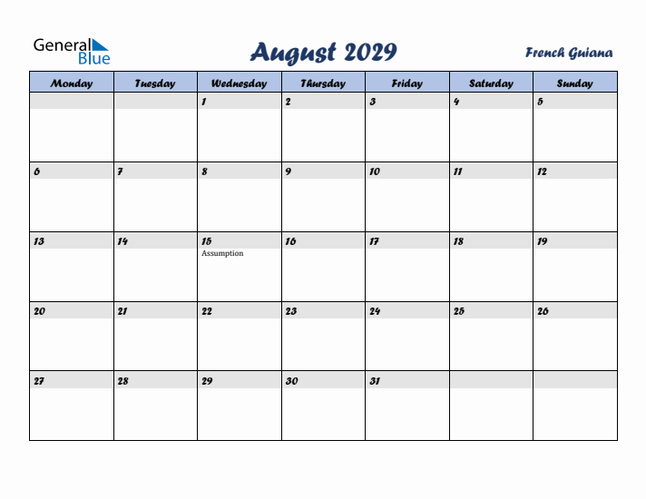 August 2029 Calendar with Holidays in French Guiana