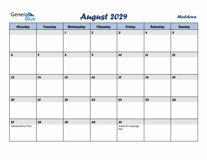 August 2029 Calendar with Holidays in Moldova