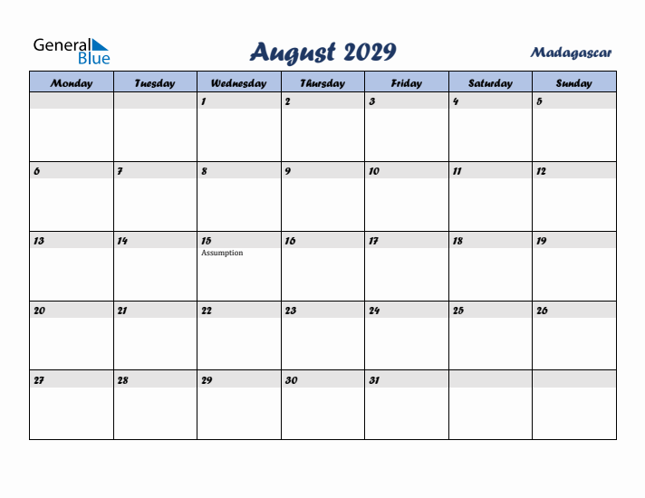 August 2029 Calendar with Holidays in Madagascar