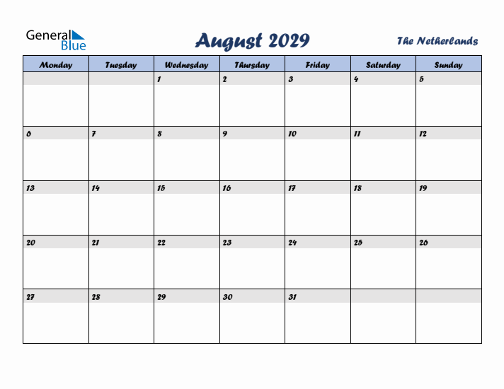 August 2029 Calendar with Holidays in The Netherlands