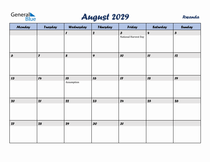 August 2029 Calendar with Holidays in Rwanda