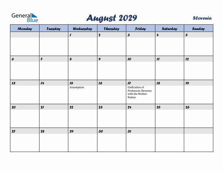 August 2029 Calendar with Holidays in Slovenia