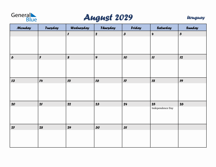 August 2029 Calendar with Holidays in Uruguay