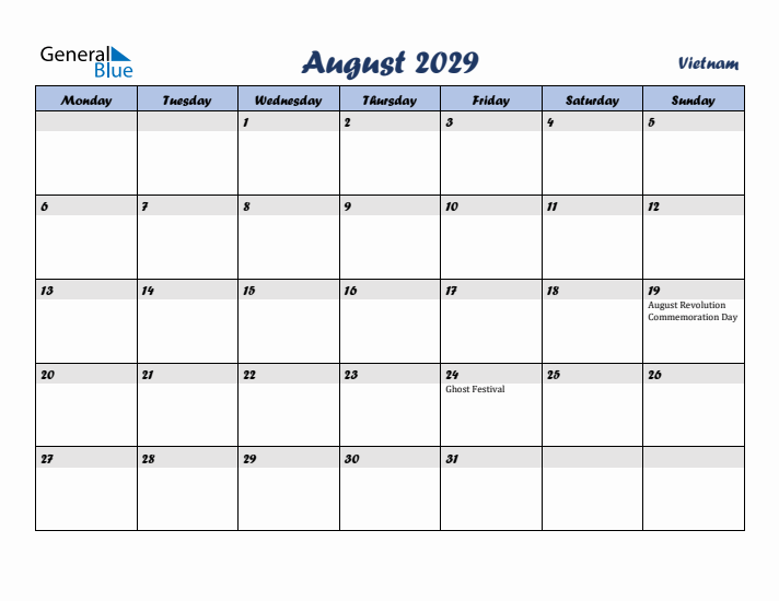 August 2029 Calendar with Holidays in Vietnam