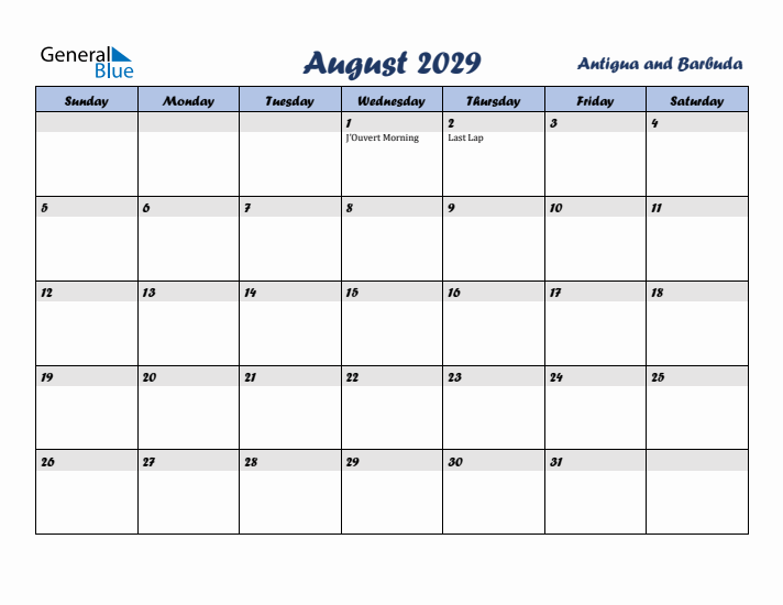 August 2029 Calendar with Holidays in Antigua and Barbuda