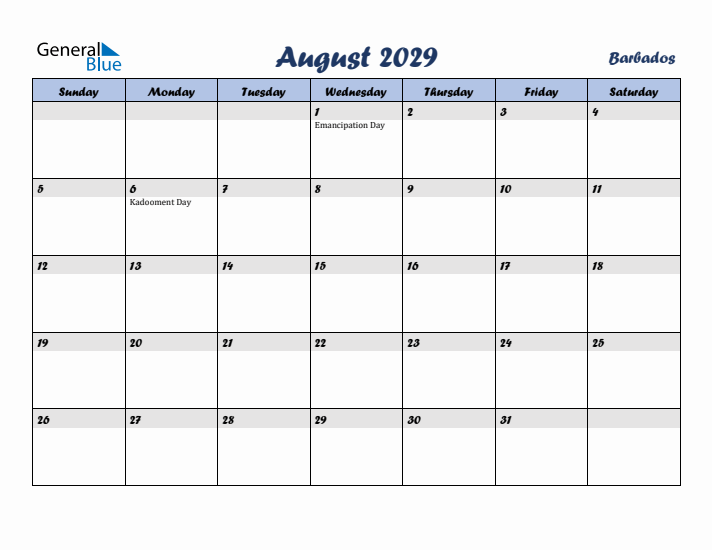 August 2029 Calendar with Holidays in Barbados