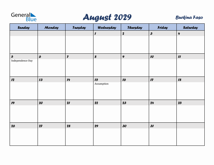 August 2029 Calendar with Holidays in Burkina Faso