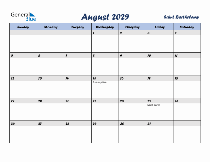 August 2029 Calendar with Holidays in Saint Barthelemy