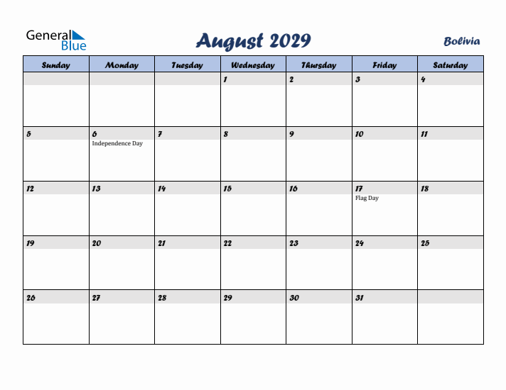 August 2029 Calendar with Holidays in Bolivia