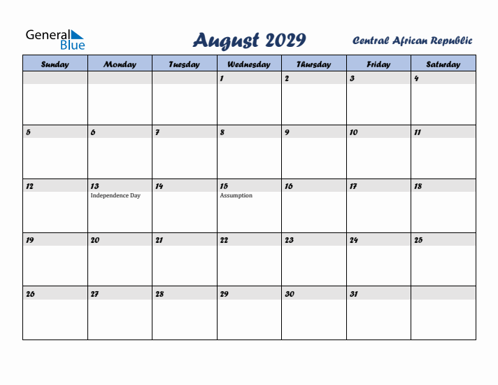 August 2029 Calendar with Holidays in Central African Republic