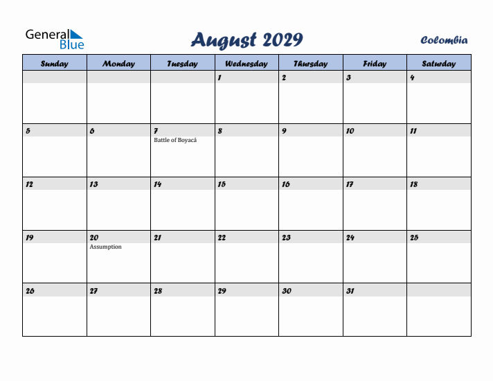 August 2029 Calendar with Holidays in Colombia