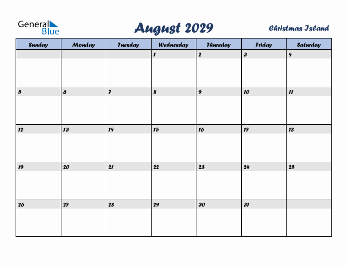 August 2029 Calendar with Holidays in Christmas Island