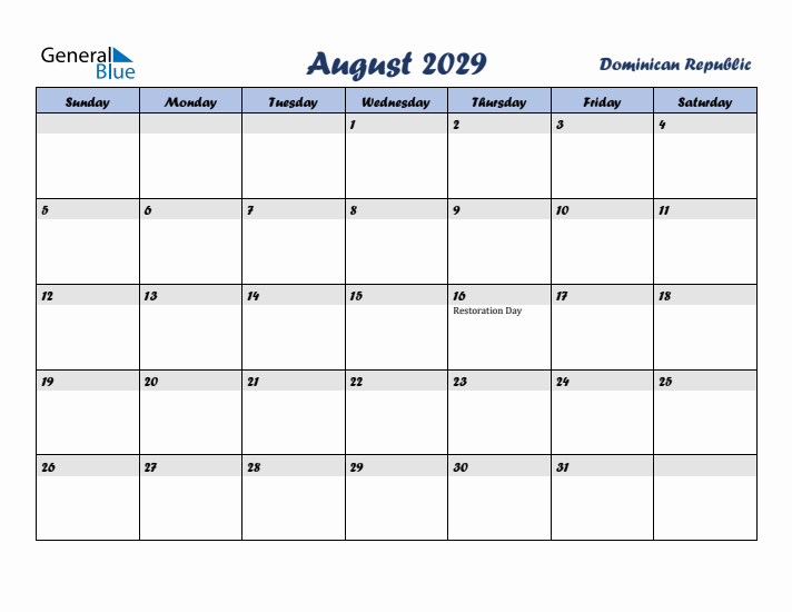 August 2029 Calendar with Holidays in Dominican Republic