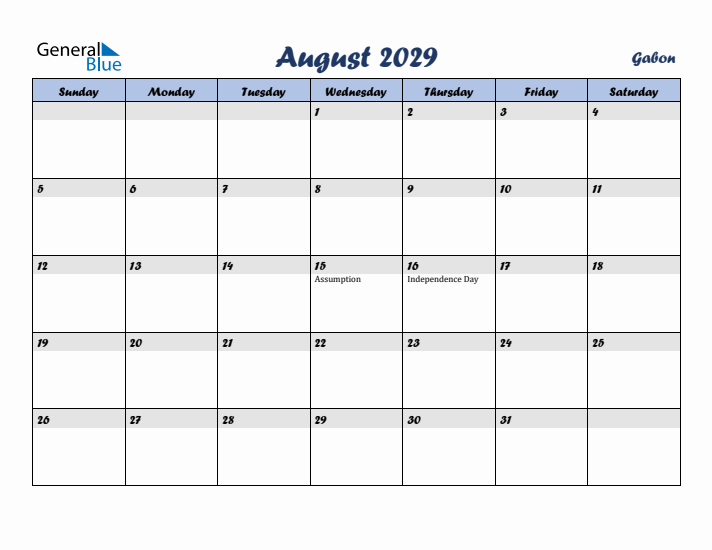 August 2029 Calendar with Holidays in Gabon