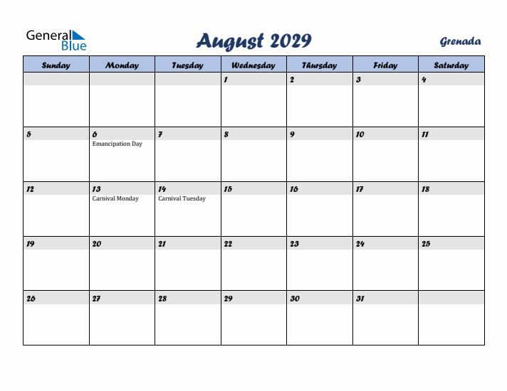 August 2029 Calendar with Holidays in Grenada