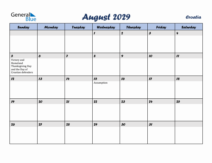 August 2029 Calendar with Holidays in Croatia