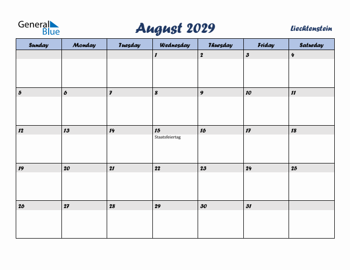August 2029 Calendar with Holidays in Liechtenstein