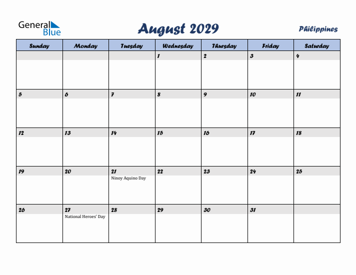 August 2029 Calendar with Holidays in Philippines