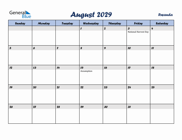 August 2029 Calendar with Holidays in Rwanda
