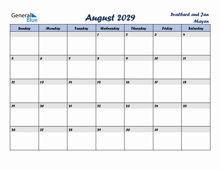 August 2029 Calendar with Holidays in Svalbard and Jan Mayen