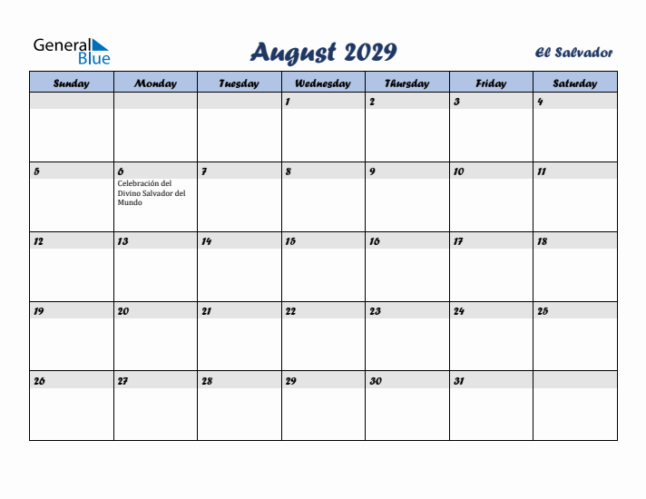 August 2029 Calendar with Holidays in El Salvador