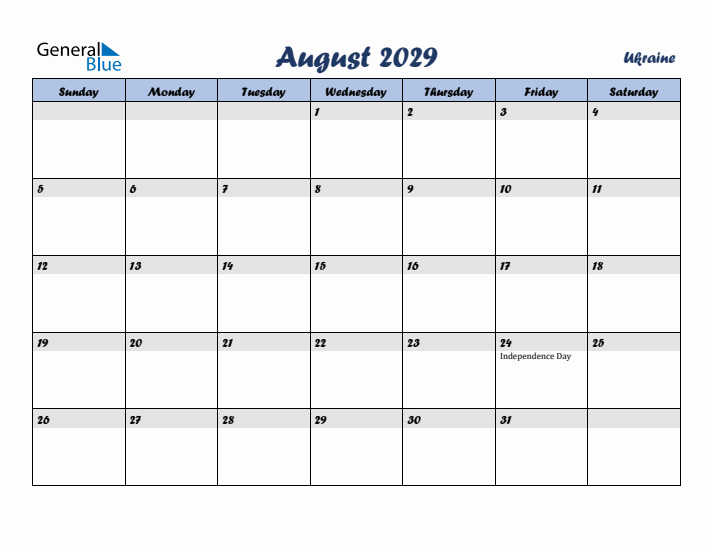 August 2029 Calendar with Holidays in Ukraine