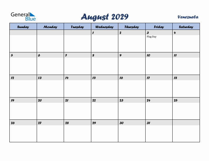August 2029 Calendar with Holidays in Venezuela