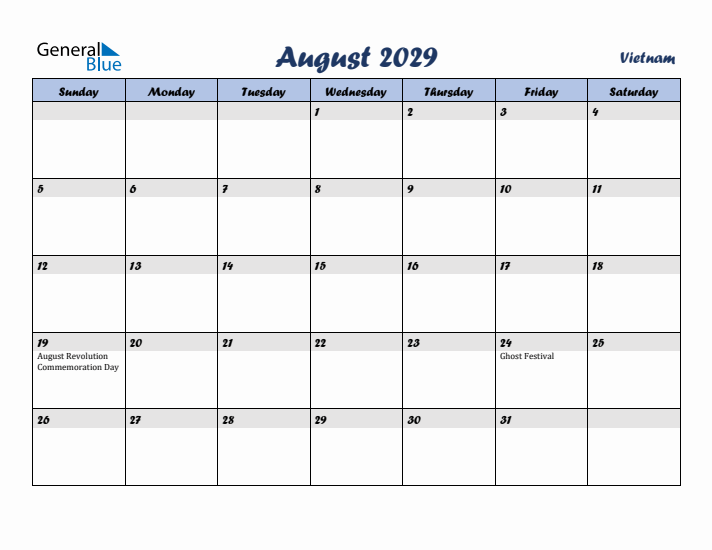 August 2029 Calendar with Holidays in Vietnam