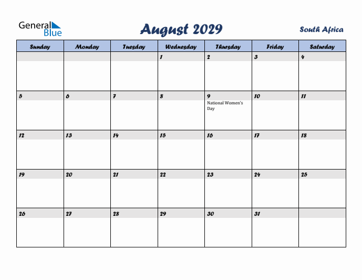 August 2029 Calendar with Holidays in South Africa