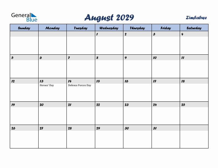 August 2029 Calendar with Holidays in Zimbabwe