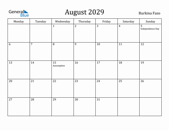 August 2029 Calendar Burkina Faso