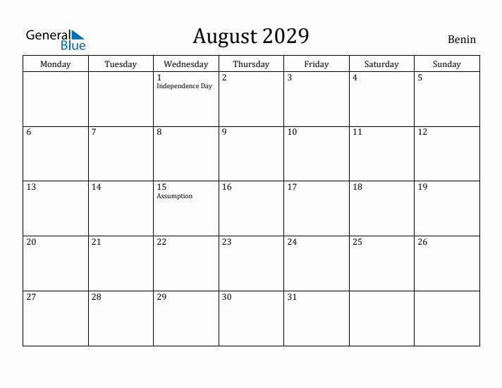 August 2029 Calendar Benin