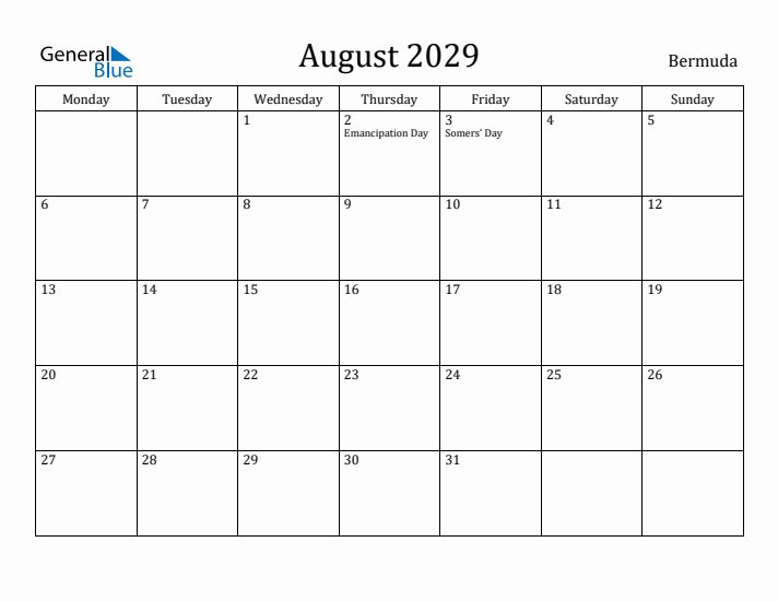 August 2029 Calendar Bermuda