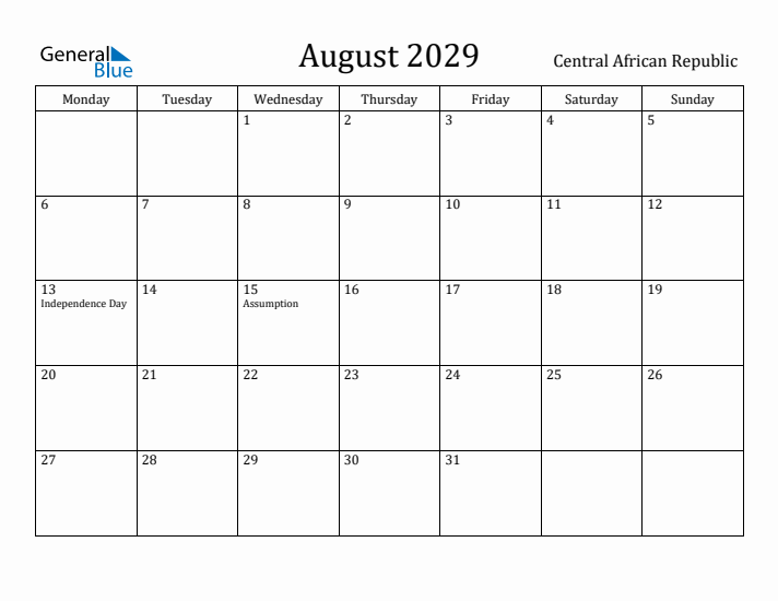 August 2029 Calendar Central African Republic