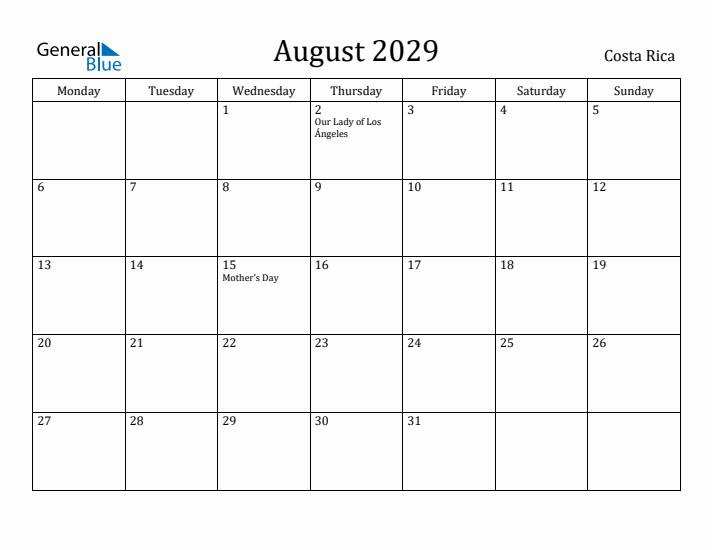 August 2029 Calendar Costa Rica