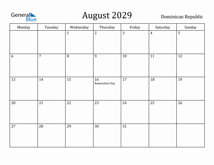 August 2029 Calendar Dominican Republic