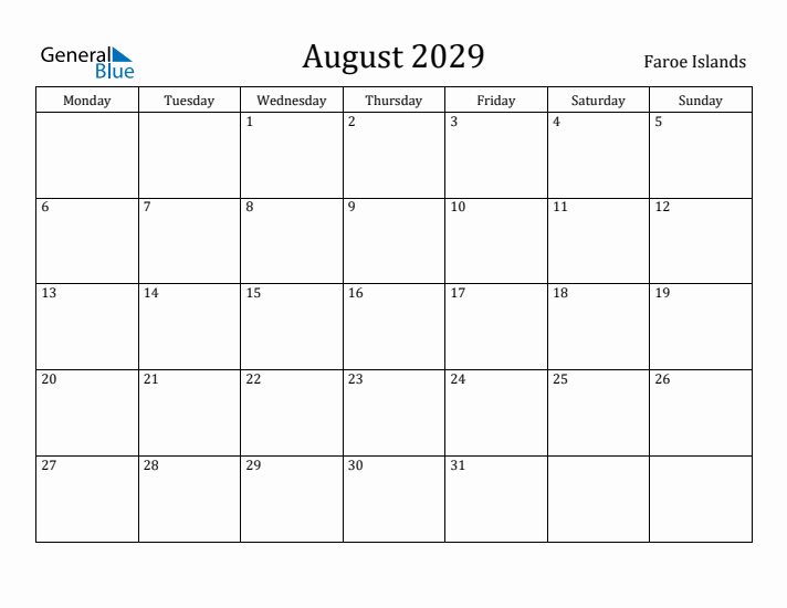 August 2029 Calendar Faroe Islands