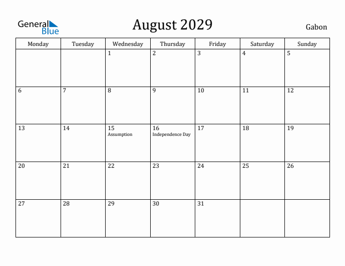 August 2029 Calendar Gabon