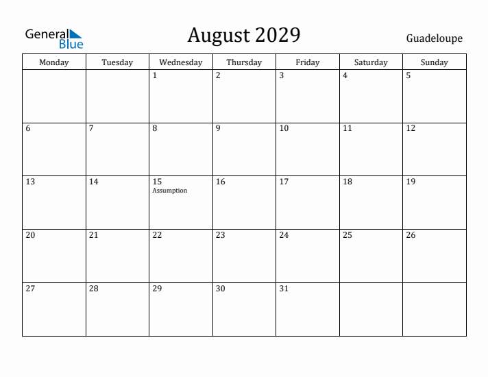 August 2029 Calendar Guadeloupe
