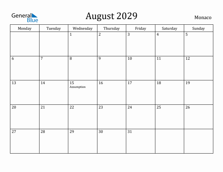 August 2029 Calendar Monaco