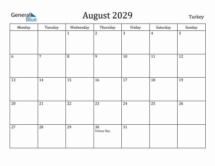 August 2029 Calendar Turkey