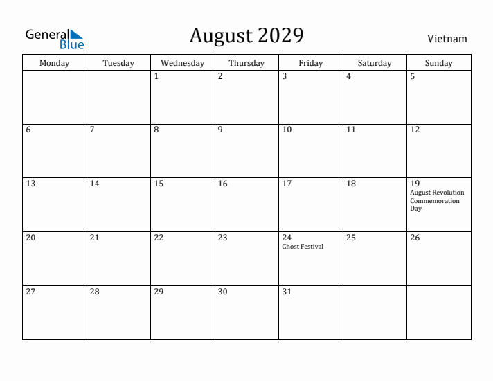 August 2029 Calendar Vietnam